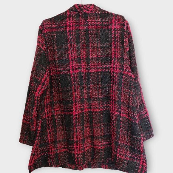 Lane Bryant Tweed Coat Sz 18/20 Black Red Plaid Shimmer Jacket - Picture 2 of 13